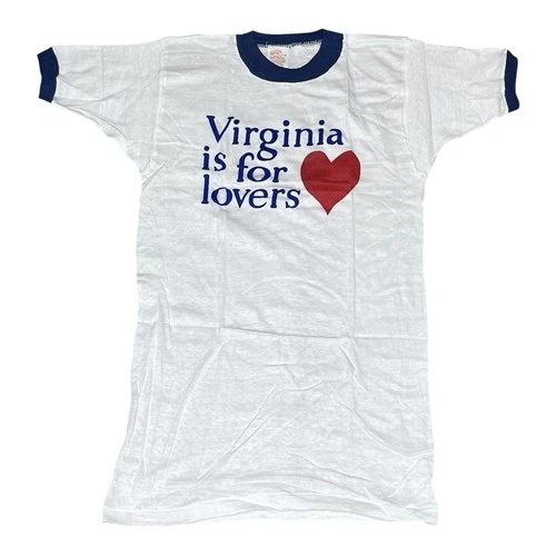 Vintage Retro 1970s Virginia Is For Lovers Blue Ringer T-Shirt Hanco Kids 14-16