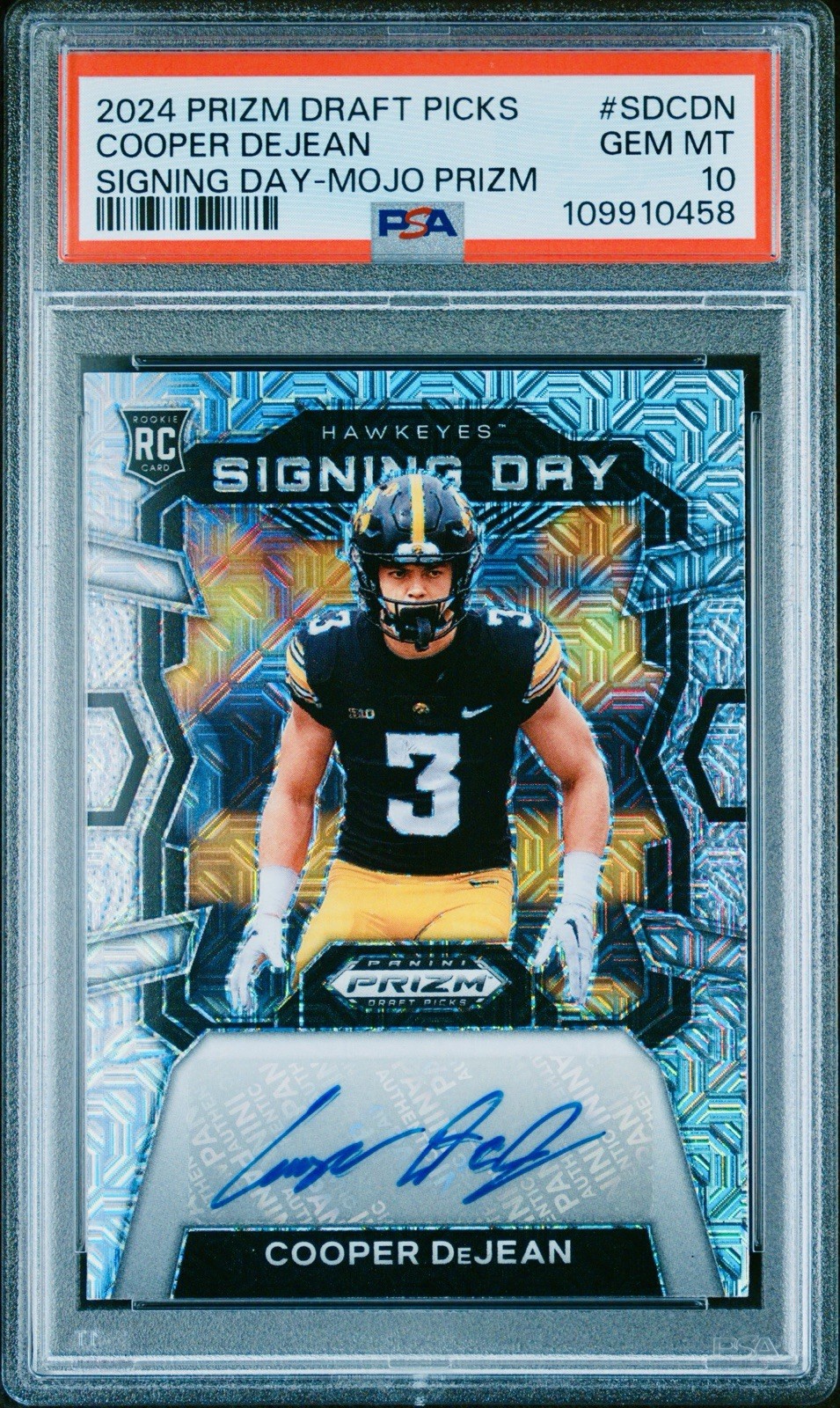 COOPER DEJEAN Rookie Auto 2024 Prizm Draft Picks Signing Day Mojo /25 RC PSA 10