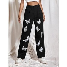 Unbranded Girls Black Butterfly Print Wide Leg Pants Youth
