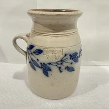 Salmon Falls Stoneware Crock 1993 | Handled Salt Glaze Blue Vines | 7.25”x6.25”