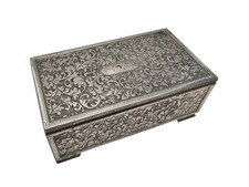 Vintage Ornate Silver Metal Decorative Music Box with Intricate Floral Engraving