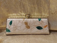 Vintage Hard Plastic Eye Glass Case Metal Snap Closure Gold Thread Design Leaves