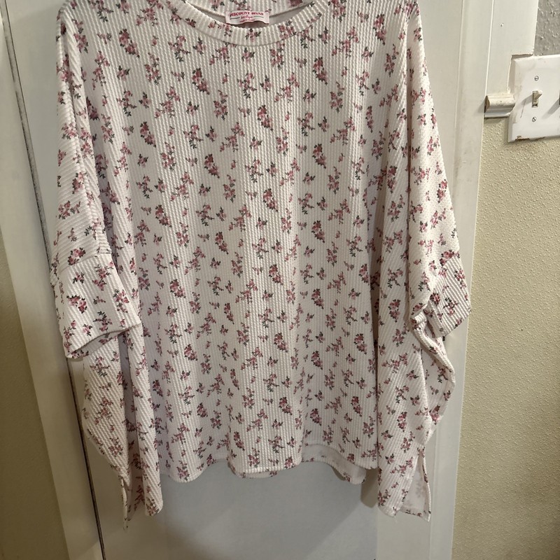 Discount Divas White Shirt With Pink Flowers Oversized Size Plus  Waffle Knit