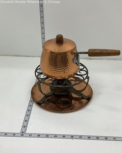 SIGG Copper Hammered Fondue Pot Wood Handle With Stand Burner Tray
