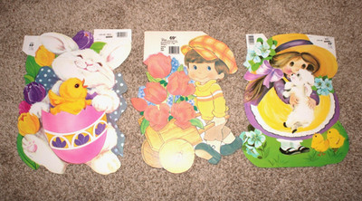 3 VTG Eureka Peck Easter Spring Die Cut Out Decorations Boy Girl Bunny Chick