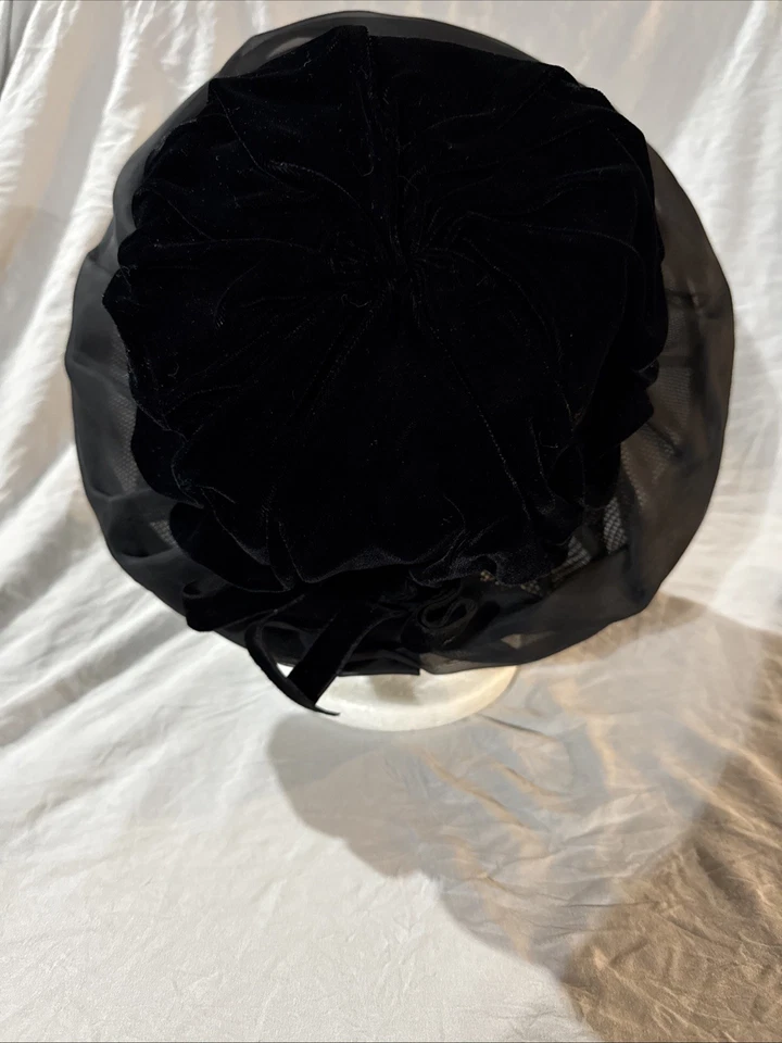 Sombrero gorro vintage negro de terciopelo/terciopelo ala ancha Foto 4 de 4