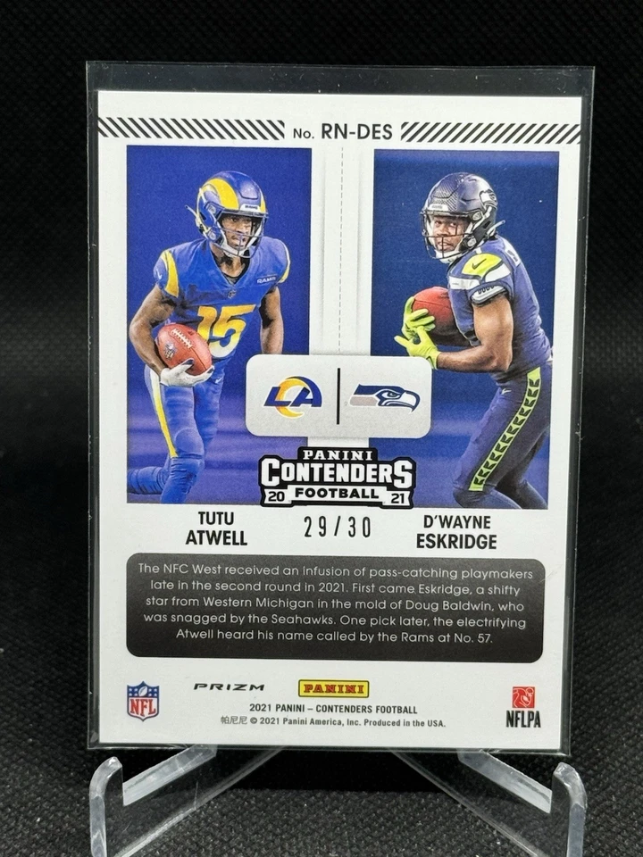 Tutu Atwell D’Wayne Eskridge 2021 Contenders Round #’s Green Pulsar /30 SSP RC - Image 2 of 2