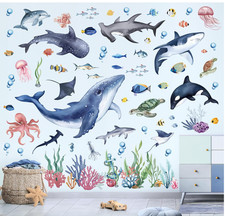 wondever Under The Sea Large Fish Wall Stickers Whale Shark Ocean Seaweed Pee...