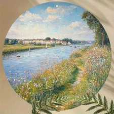1pc Country Style Round Aluminum Wall Art - 8x8 Inch Frameless River Landscape P
