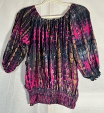 Tie-Dye Top OS Pink Multi Gathered Neck with Tassel Ties