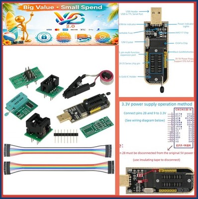 CH341A USB Programmer EEPROM 24 25 Series 1.8V 3.3V 5V SOP8 Adapter Kit