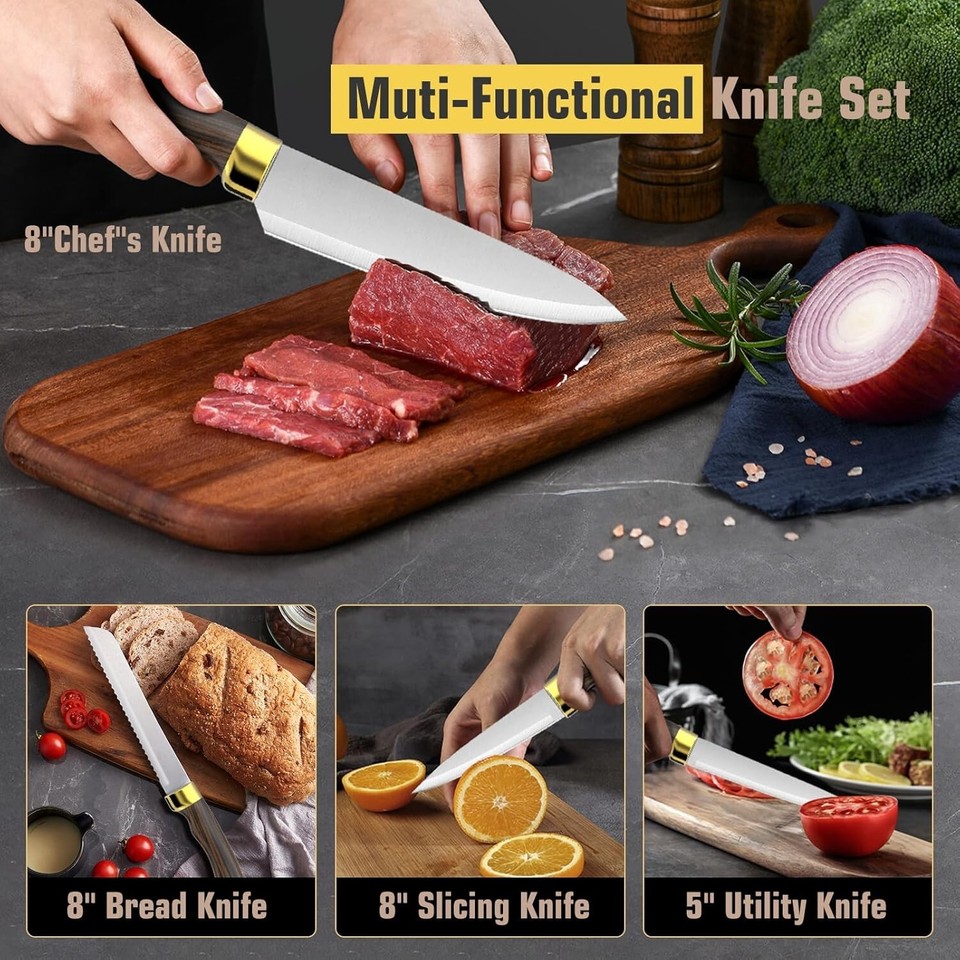 Knife Set, 15Piece Kitchen Knife Set with Block Wooden German