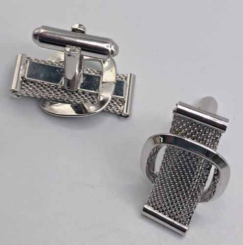 Silver-Plated Mesh Belt Style Cufflinks Retro Vintage Men's Accessory Gift - Picture 2 of 3