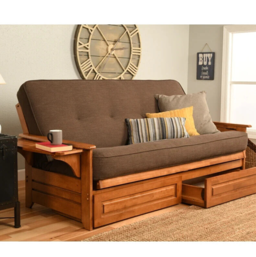 Futon Bed Set - Full Sz Solid Wood Futon w/Cotton Mattress & Storage - Cocoa Brn - Picture 1 of 8