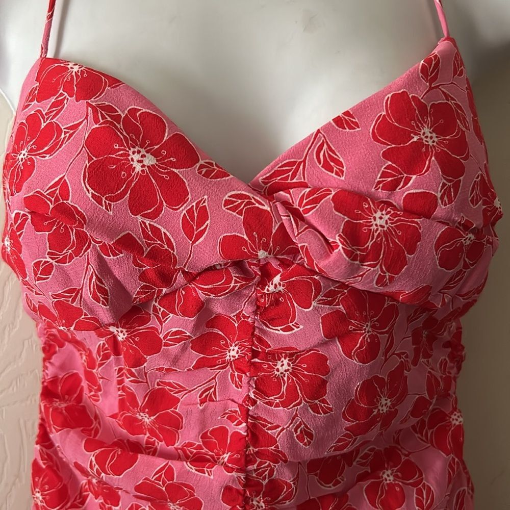 Zara Women's Pink Red Floral Ruched Body-con Mini Dress Sz Med Valentine’s Day thumbnail 8