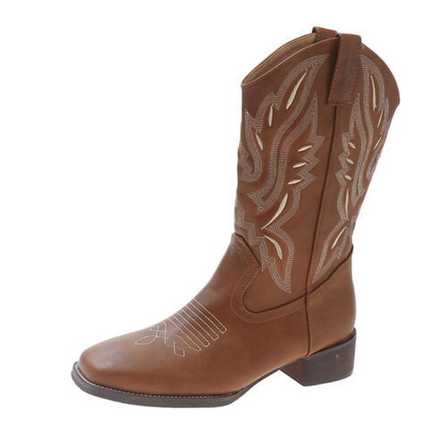 Damen Bestickt Western Mid Calf Cowgirl Stiefel Blockabsatz Stiefeletten Schuhe - Bild 7 von 26