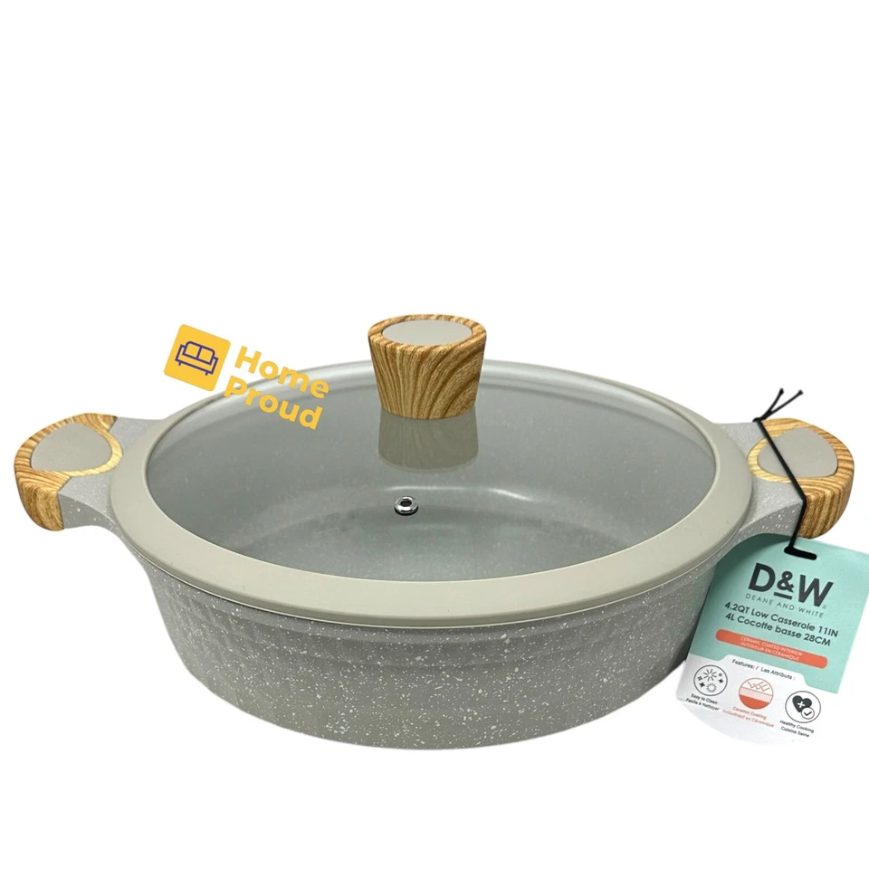 D&W Low Casserole FryingPan 11 inch with Glass Lid Nonstick Deane&White Cookware - Image 2 of 4