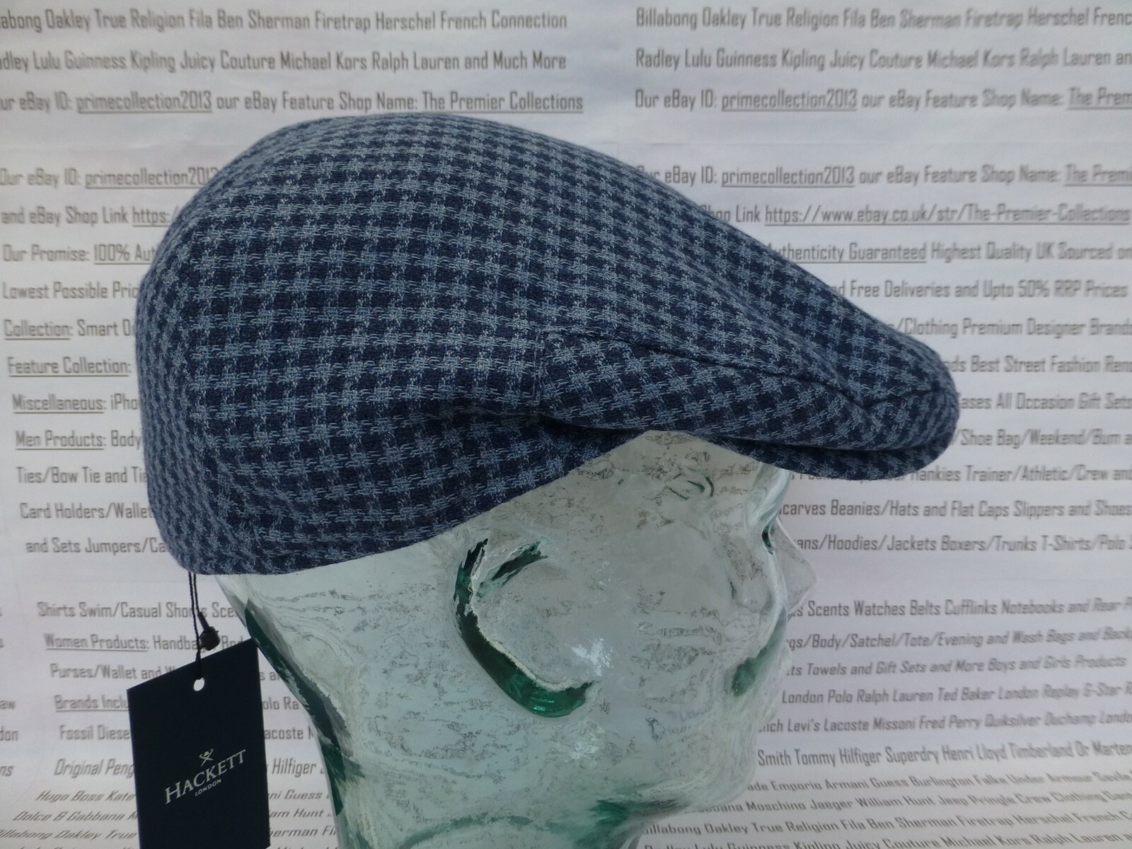 HACKETT Wool Blend Flat Cap Mens Houndstooth Blue Hat Size M Caps BNWT R£75  | eBay
