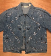 vtg Womens Floral Embroidered Button Denim Jacket Sz PL 3/4 Sleeve