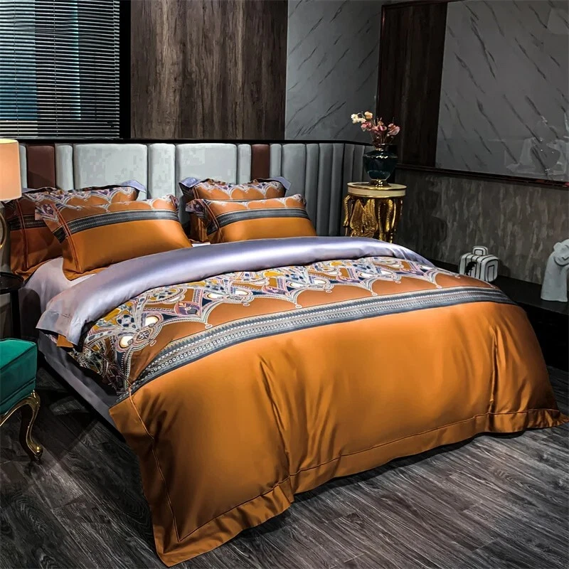 Juego de ropa de cama con funda de edredón de mezcla de seda de algodón egipcio de diseño bohemio dorado plateado Foto 2 de 4