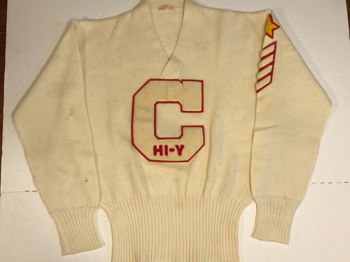 Vtg House of Harter Letter Sweater Womens Large Ivory Goshen Indiana Long Sleeve