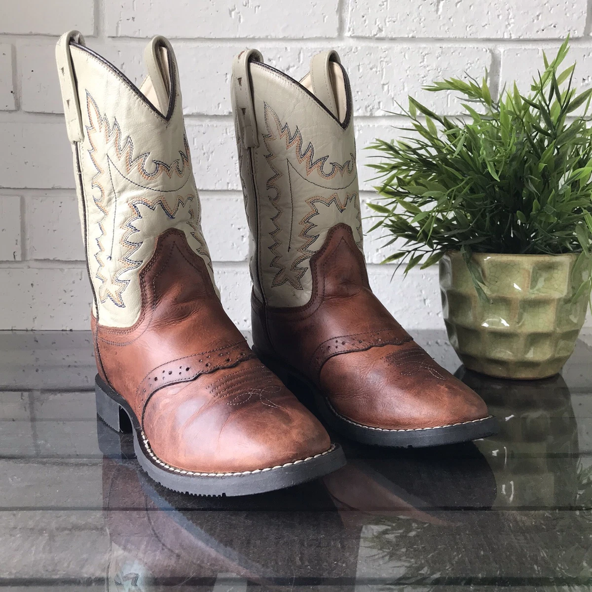 Kids Leather Cowboy Boots Fancy Stitch Round Toe Old West CW2552