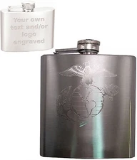 6oz USMC Engraved Hip Flask w/ Funnel, Marine Corps - Personalized with Initials