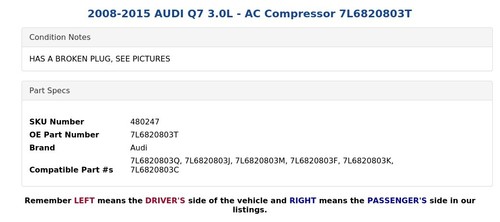 2008-2015 AUDI Q7 3.0L - AC Compressor 7L6820803T - Picture 6 of 7