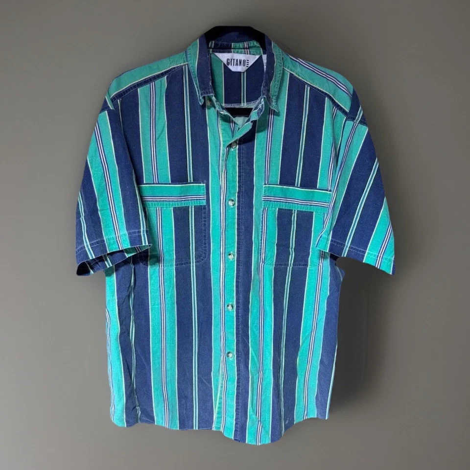 Camisa Gitano Años 90 Rayas Para Hombre M Verde Azulado Azul Marino Rayas Verticales Abotonada De Colección Foto 3 de 4