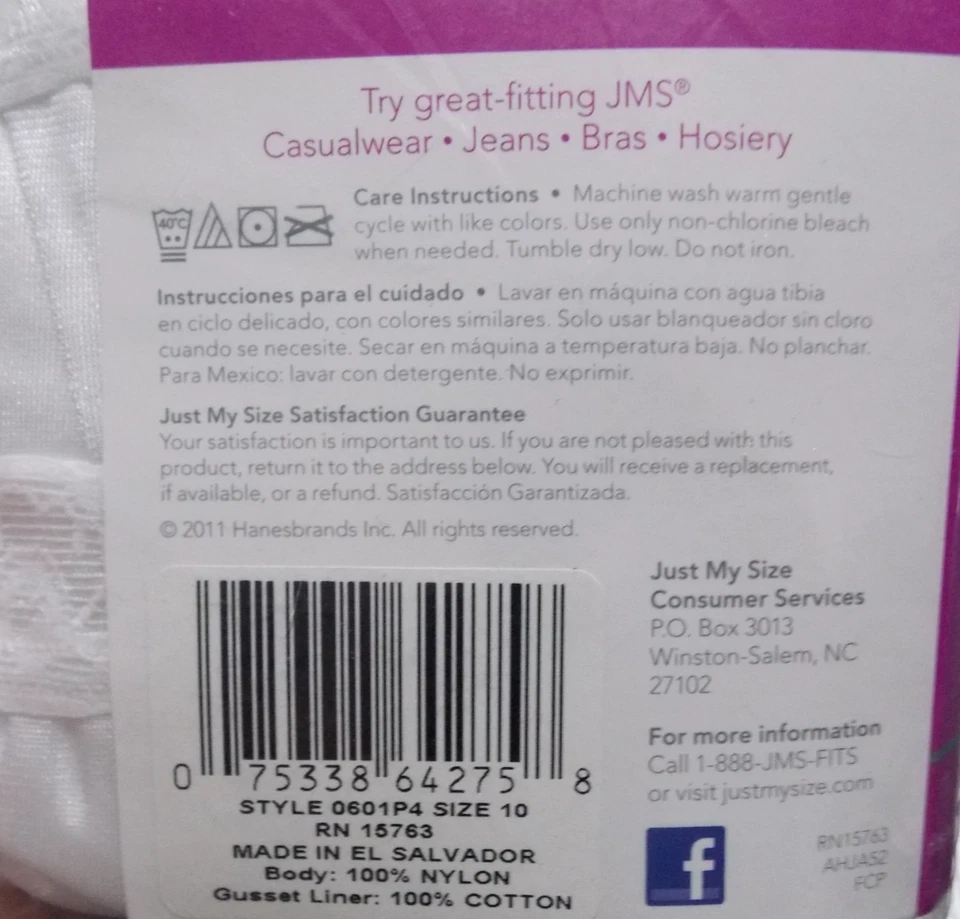 NUEVO SELLADO ~ PAQUETE DE CALZONCILLOS DE NYLON JUST MY SIZE 4 Talla 10 BLANCO ~ JMS VINTAGE 2011 Foto 3 de 3