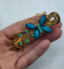 Vintage Gold Tone Turquoise Blue Rhinestone Butterfly Hair Clip Barrette