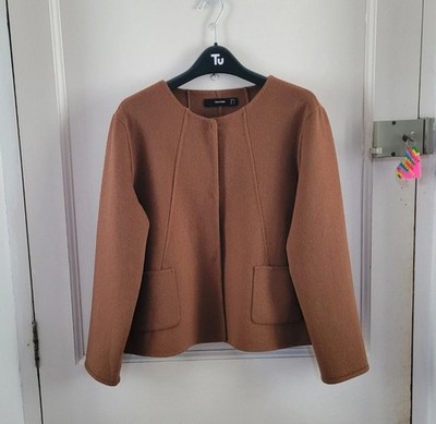 Hallhuber Dark Caramel Tan Wool Blend Jacket Size 14 Uk Minimal Capsule Pockets