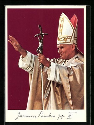 Papst Johannes Paul II. im vollen Ornat mit Ferula und Mitra, Ansichtskarte 