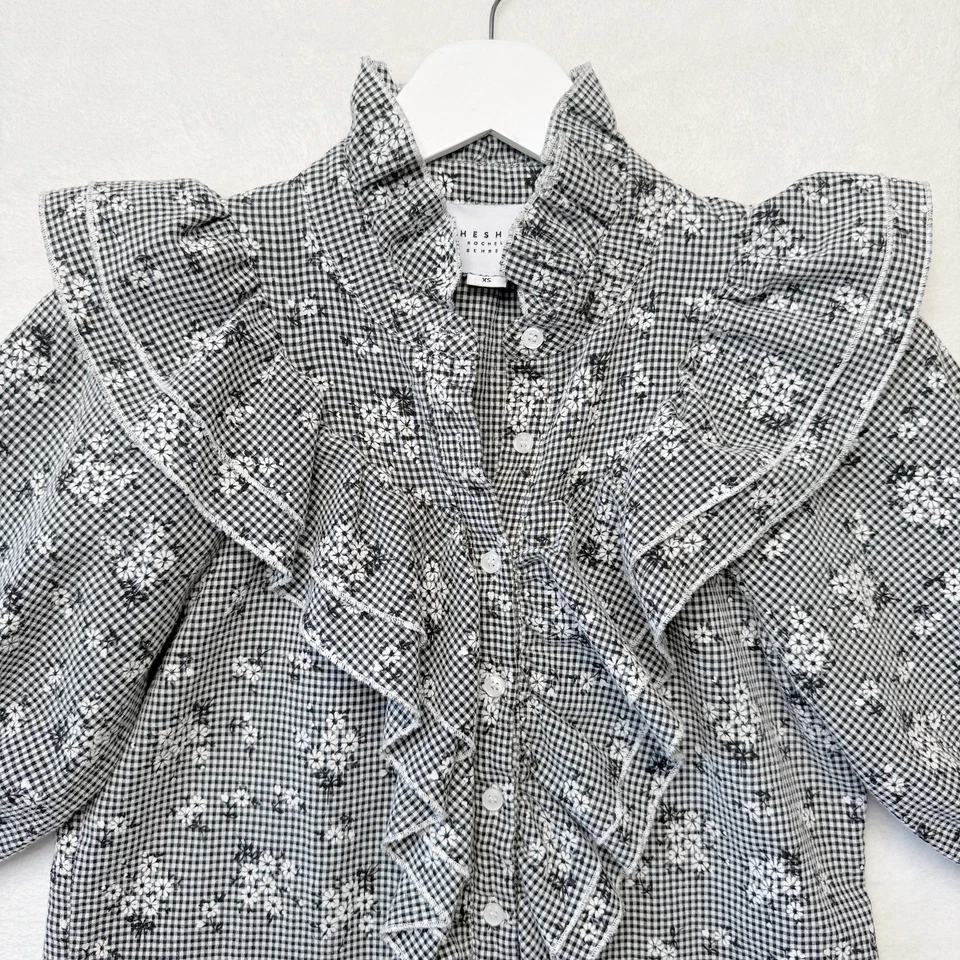 THE SHIRT by Rochelle Behrens Floral Gingham Babado Decote Top Manga Puff Tamanho XS - Imagem 2 de 4