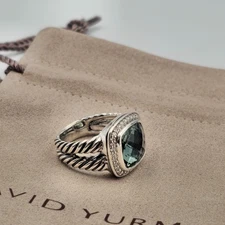 David Yurman Sterling Silver Albion Ring 11mm Prasiolite and Diamonds Size 6