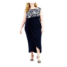 CONNECTED APPAREL Womens Navy and Platinum Metallic Embroidered long Dress 24W