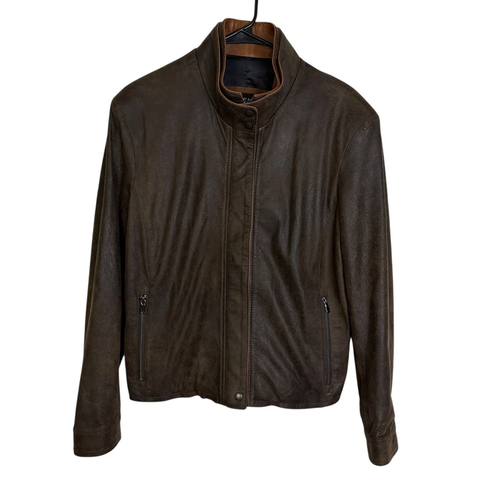 Jaqueta de Couro de Cordeiro Remy Feminina Grande Marrom Zíper Completo Snap Artesanal EUA - Imagem 2 de 4