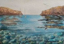 Original Artwork Painting Landscape STONE SKY BOAT Art Modern Seascape Signed A5