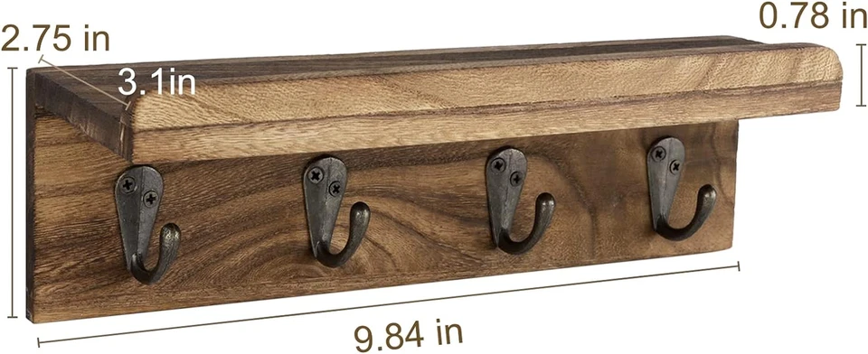 Rustic Wall Mounted Key Holder with 4 Hooks, Wooden Mail Organizer, Brown - Image 4 of 4