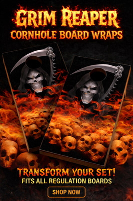 Flaming Grim Reaper Cornhole Board Wraps Skins Vinyl Decals Full Size Set