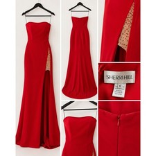 Sherri Hill Red Strapless High Slit Rhinestone Mesh Formal Gown Dress Size 6