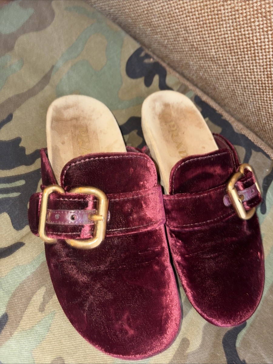 Prada Velvet Flat Mule Clog Slip On Gold Buckle Closed Sandals 36