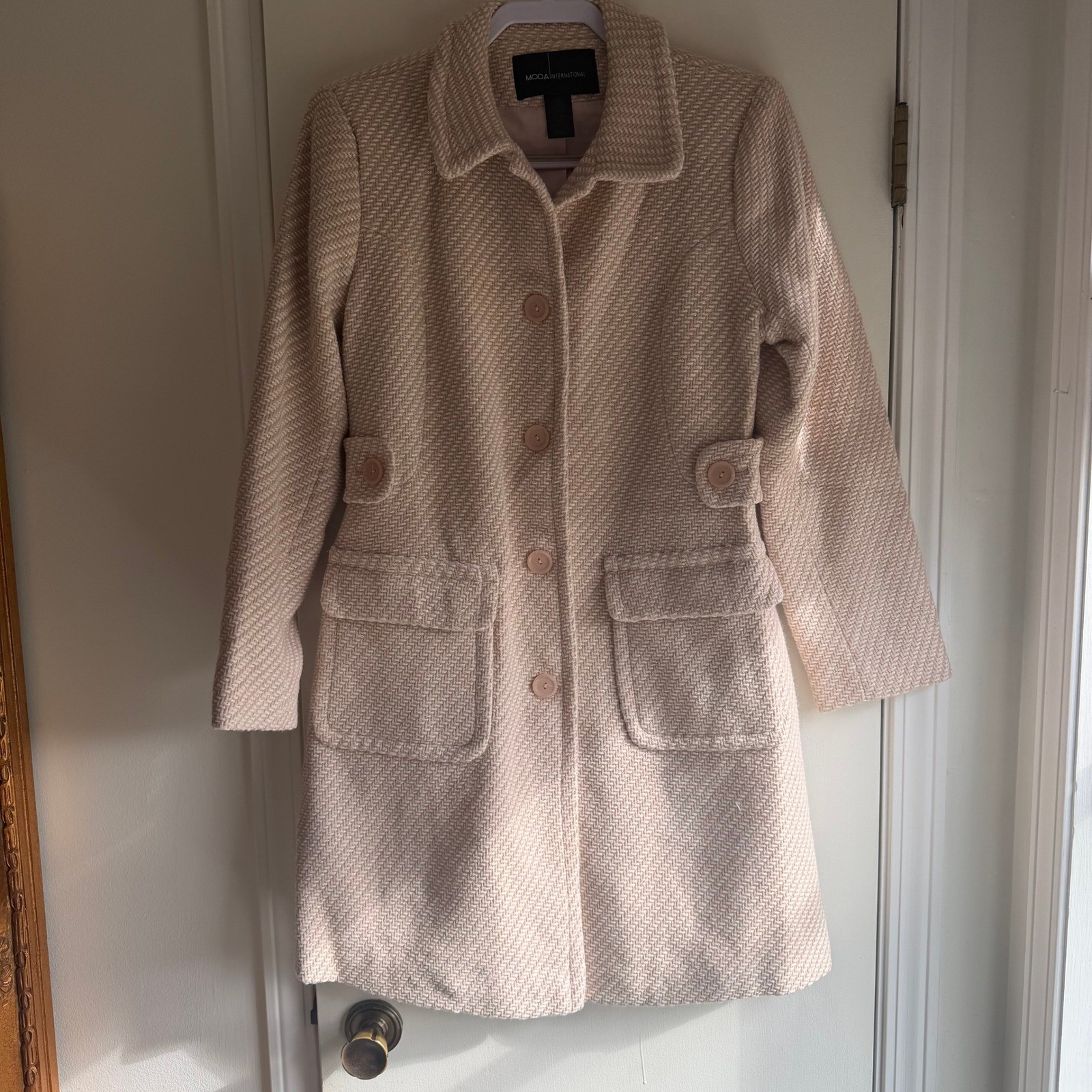 Moda International Tweed Herringbone Button Front Coat Pink Gold Size 8