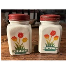 Floral Ceramic Milk Glass Salt & Pepper Shakers Square Shape Vintage Set
