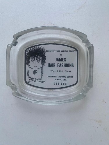 James Hair Fashions Wigs & Hair Pieces Glass Ashtray Brookside Delaware Vtg 70s