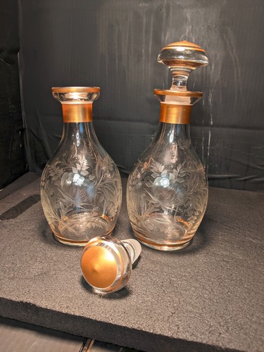 Antique Rose Pink Tint Gold Painted &Numbered Etched Cut Glass Decantors Pair - Picture 21 of 24