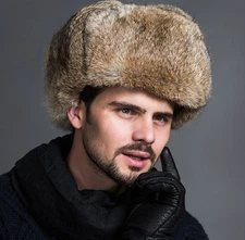 Men Ushanka Winter Warm Raccoon Fur Plush Russian Cossack Trapper Hat Black