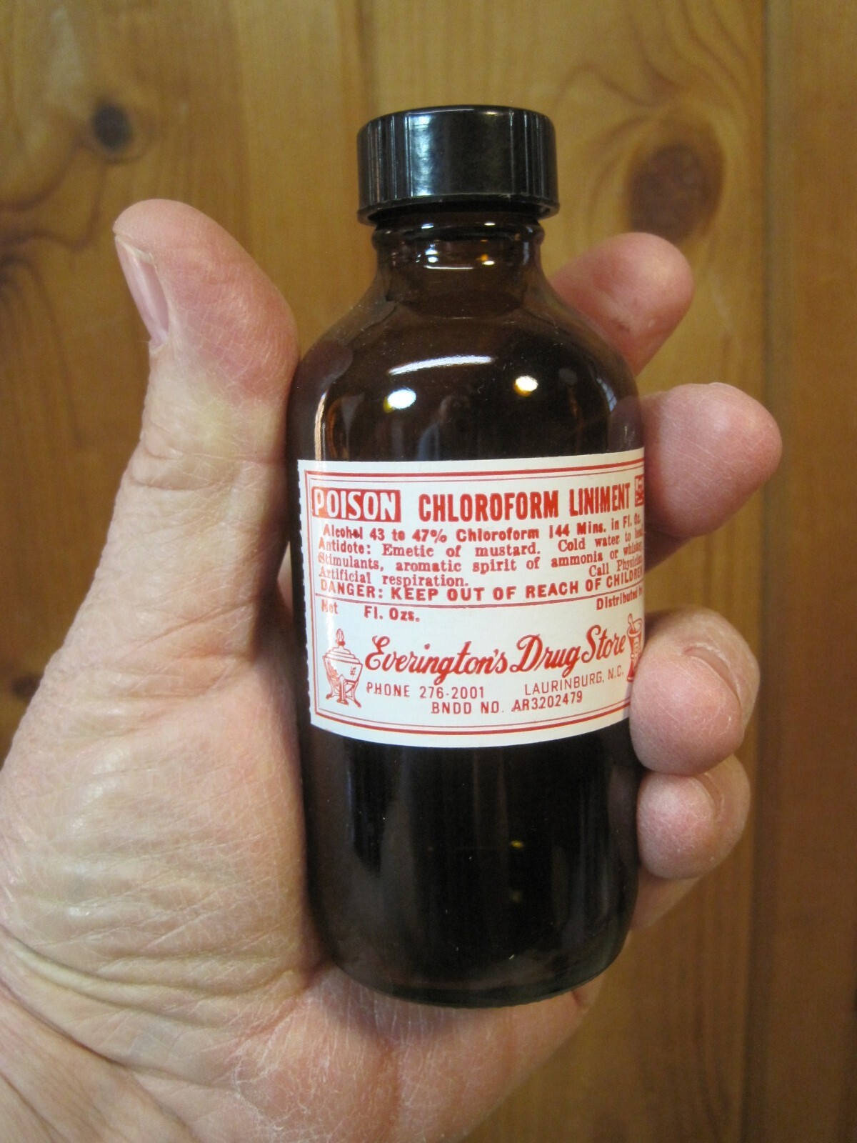 Amber Chloroform Liniment Pharmacy Poison Label on EMPTY Amber Medicine Bottle