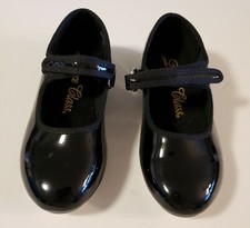Girls Dance Class Size 11 Black Patent Leather Tap Shoes w/ Hook  Loop Closure