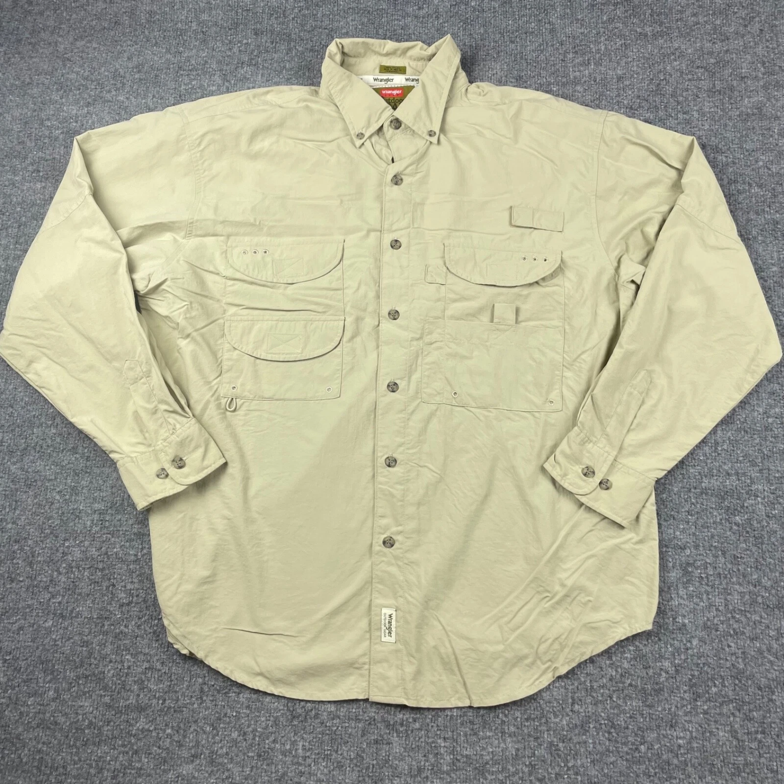 WRANGLER HERO OUTDOOR GEAR Shirt Men's Large Beige Button Up Mesh Hunting Hiking